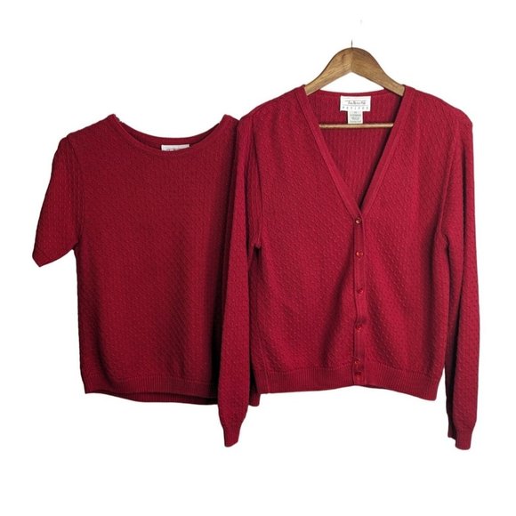 Talbots 2 Pc Set Red Cable Knit Top Cardigan Cotton Blend Made in the USA Sz PS - Picture 1 of 14